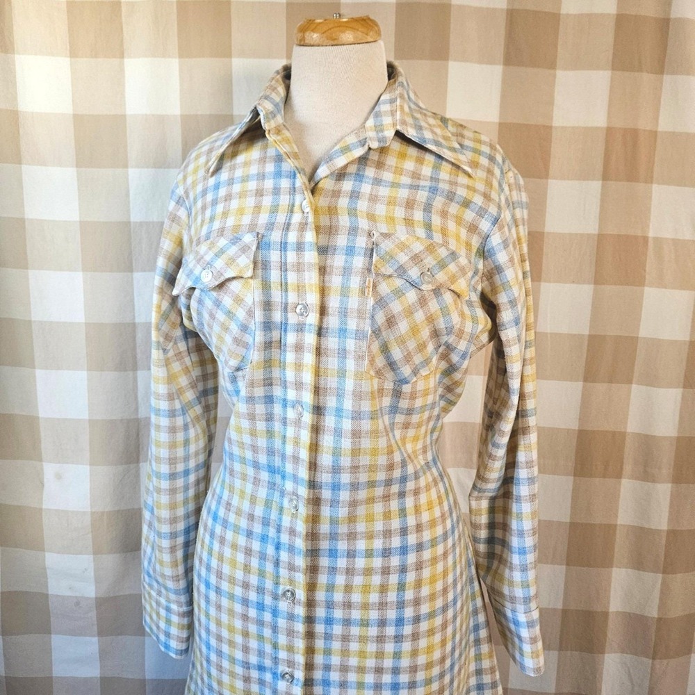 Vtg 70s LEVI'S Plaid Yellow Blue Button Front Belted Shirt Dress Midi 13/14 M/L - Picture 2 of 7